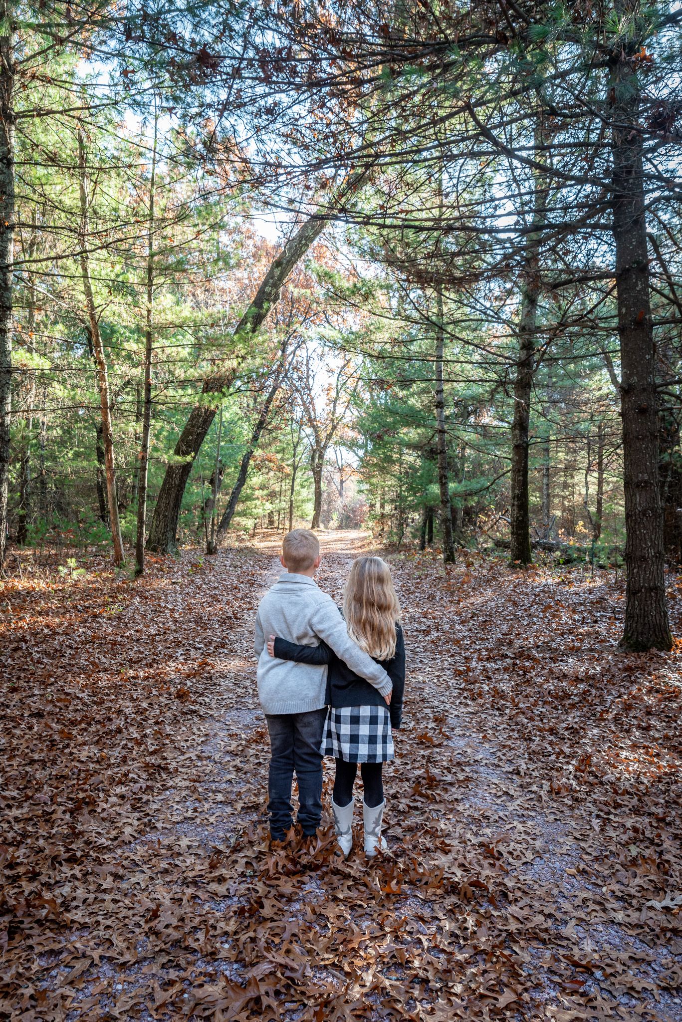 Couple walking together on leaf-covered path through pine forest in autumn.