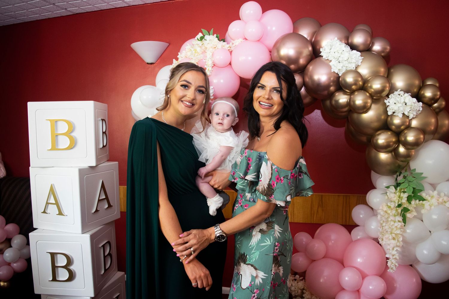 mum, nanny and baby girl christening portrait in barnby dun with balloon arch taken by heather katie photography.
