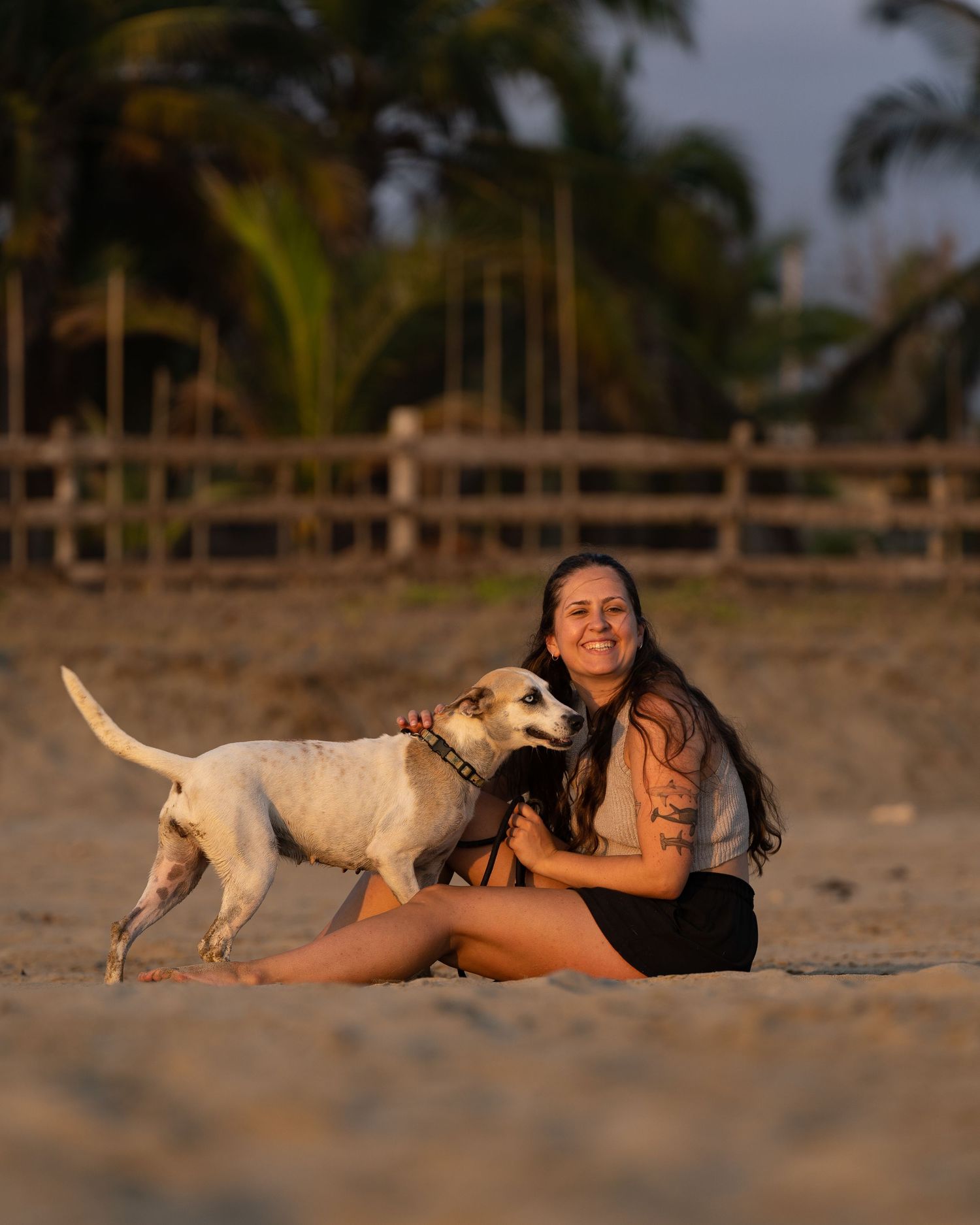 Smiling woman sitting on sandy beach with friendly white rescue dog at warm golden hour.