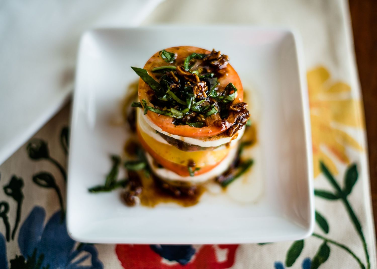 food photography, foodie, appetizer, tomato, mozzarella cheese and balsamic vinegar