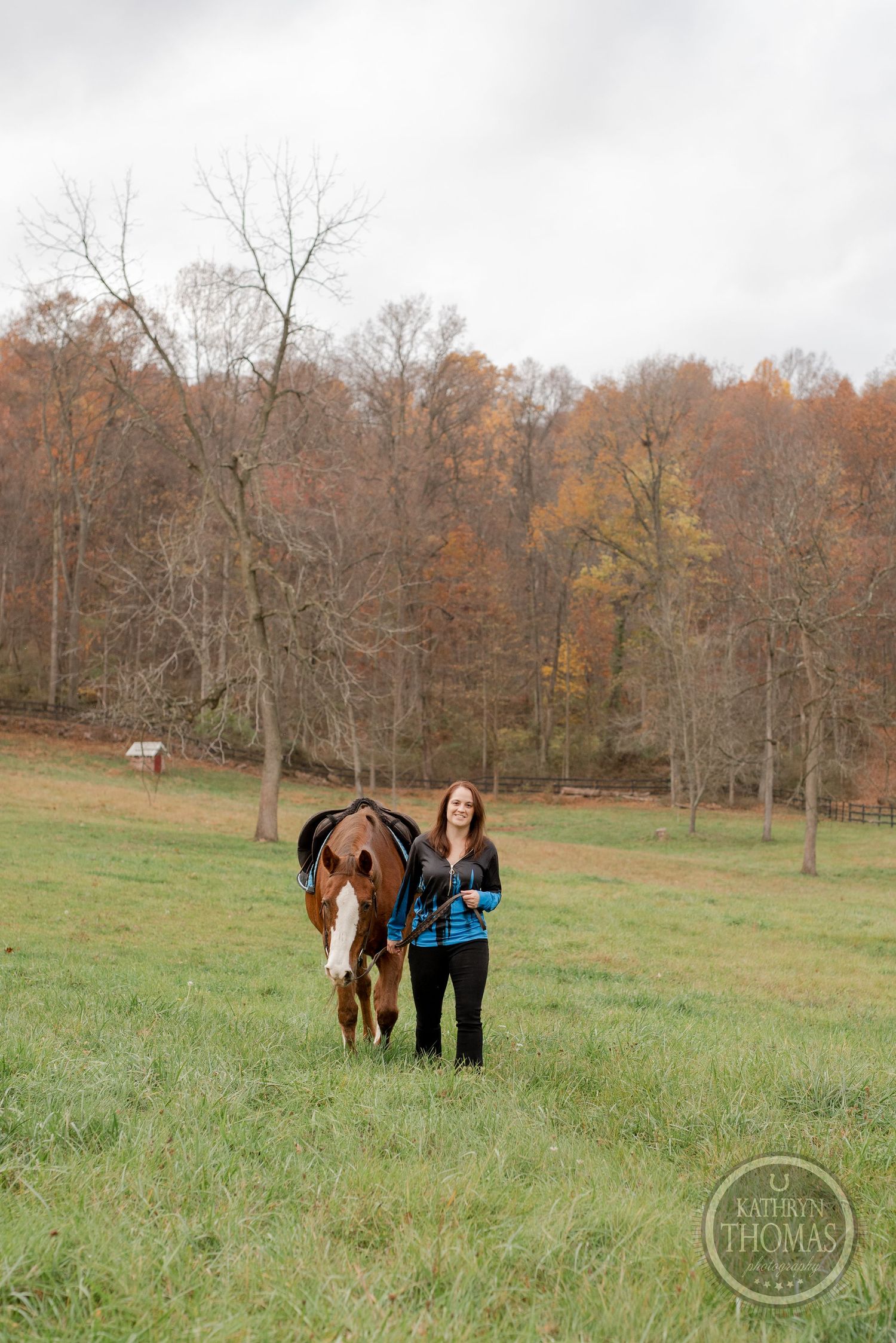 A chestnut horse with handler stands in a grassy field with autumn trees in background.