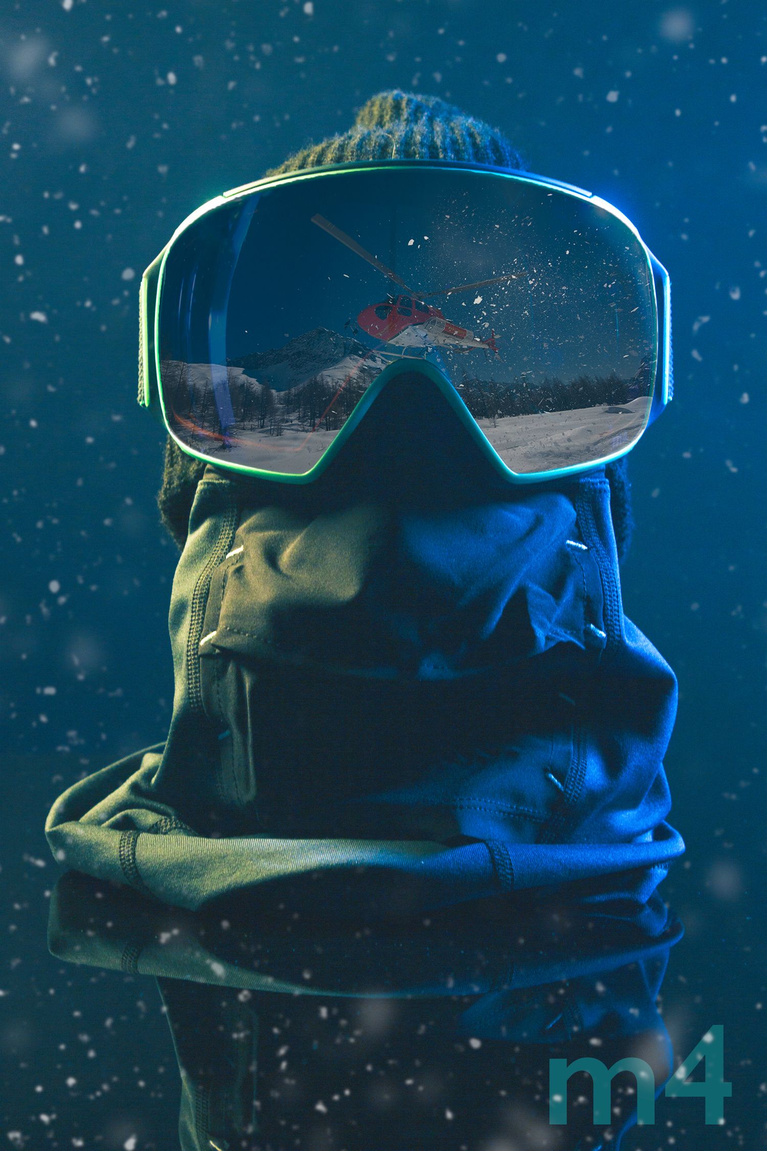 Close-up of ski goggles reflecting a snowy mountain landscape at night with dramatic lighting.