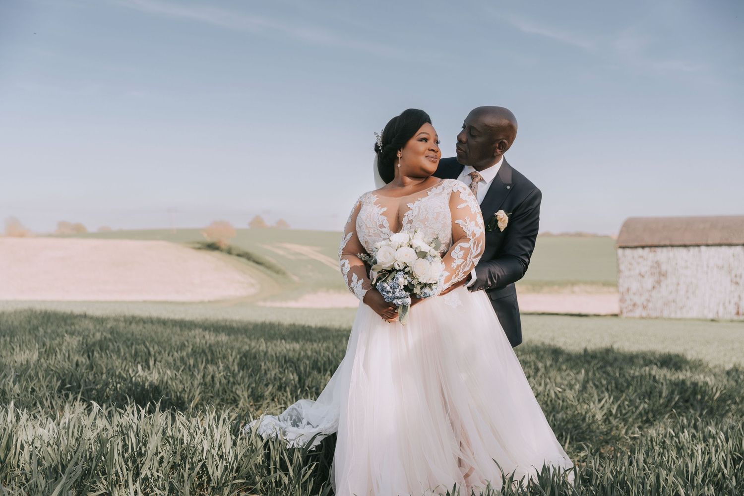A series of romantic wedding photos captured in a scenic outdoor setting with natural lighting.