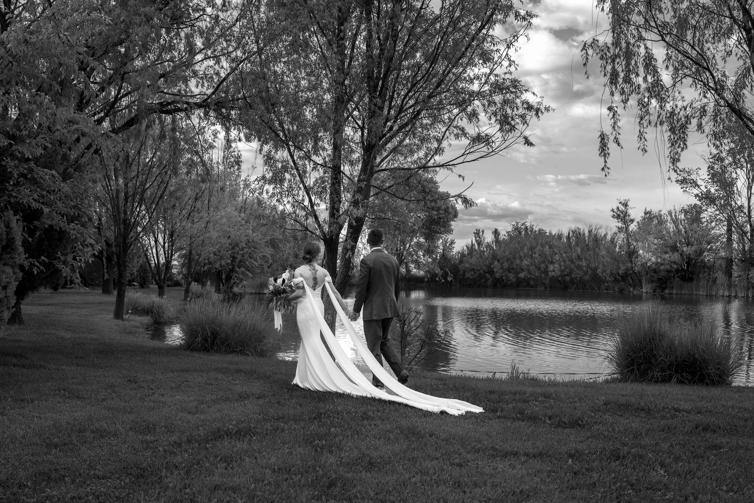 Dramatic black and white wedding photo of a couple by a lake with willows framing the scene. Wedding Photography Sedona