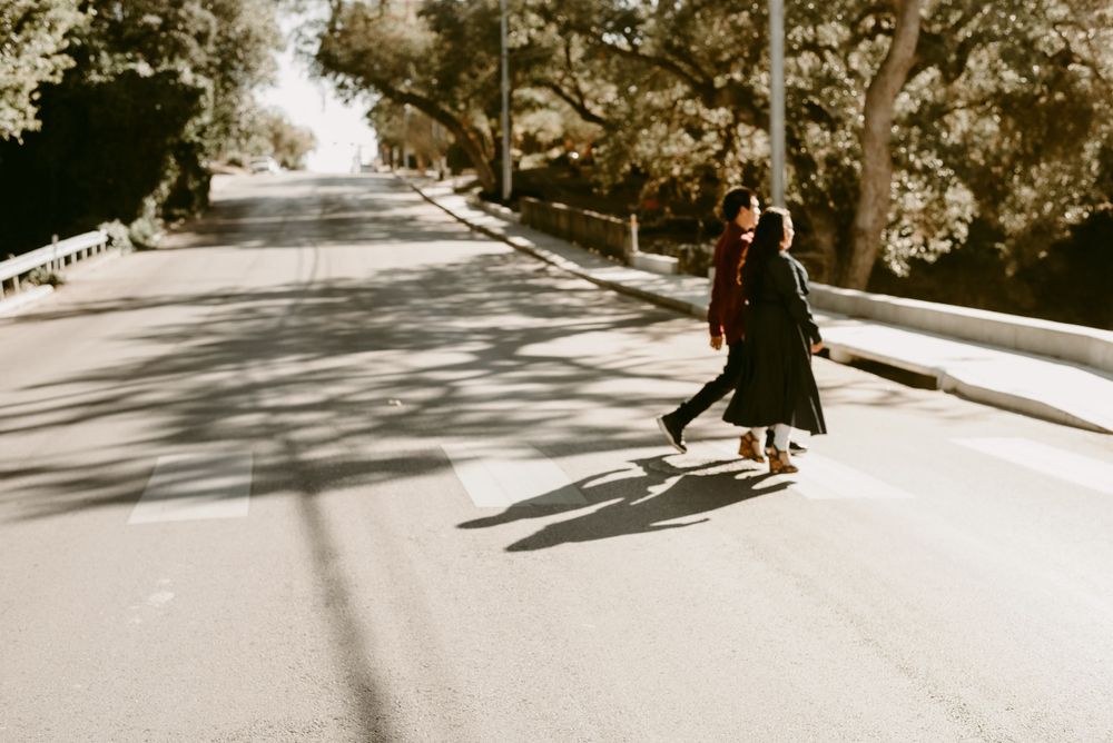 A person in a dark dress longboards down a sunlit tree-lined road creating dramatic shadows.