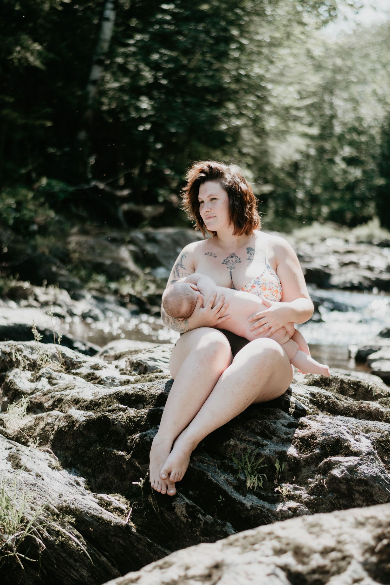 A peaceful nursing scene on rocky terrain by a stream in natural sunlight.