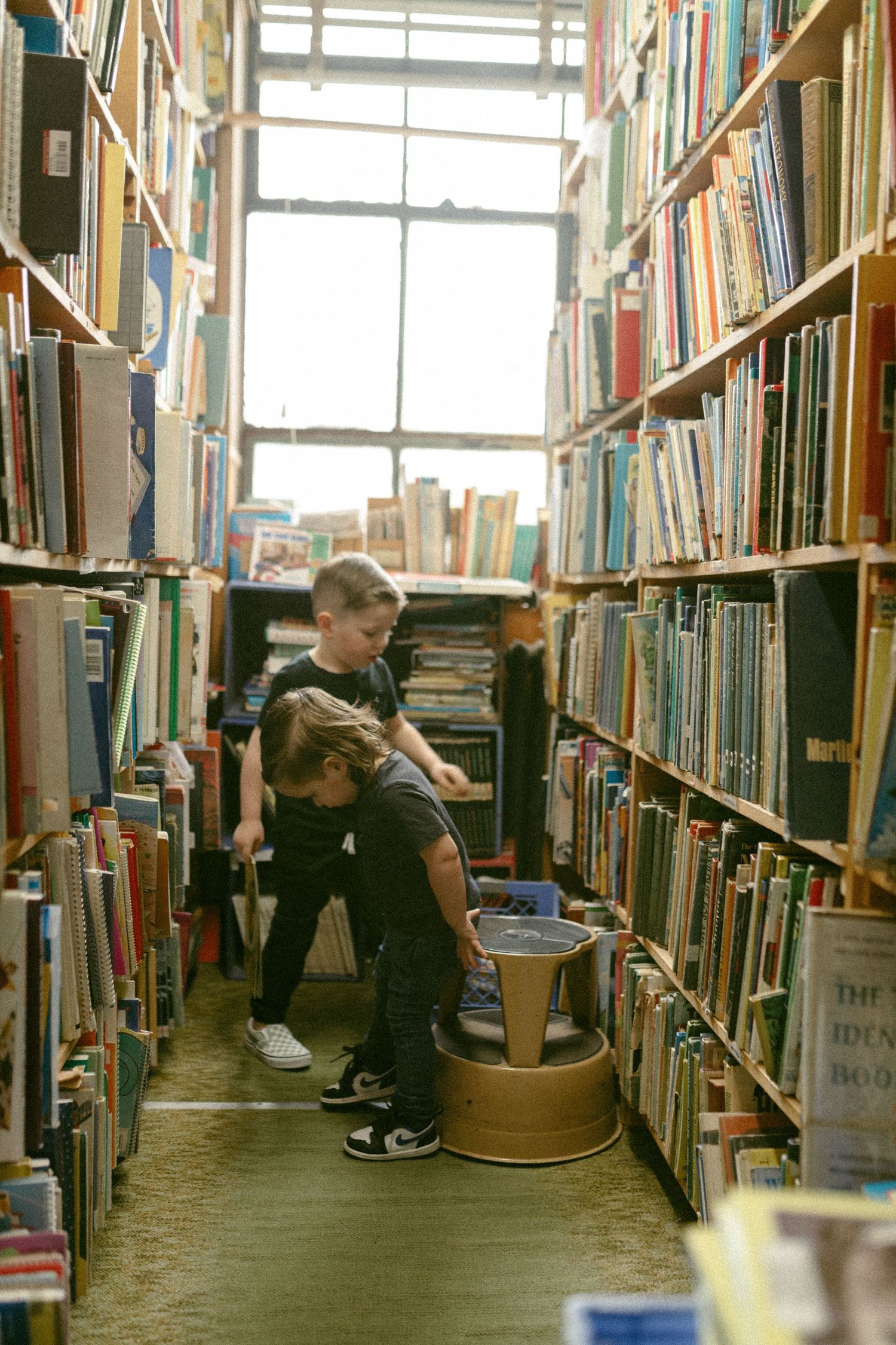 Young explorer climbing on library stool between rows of bookshelves near a bright window.