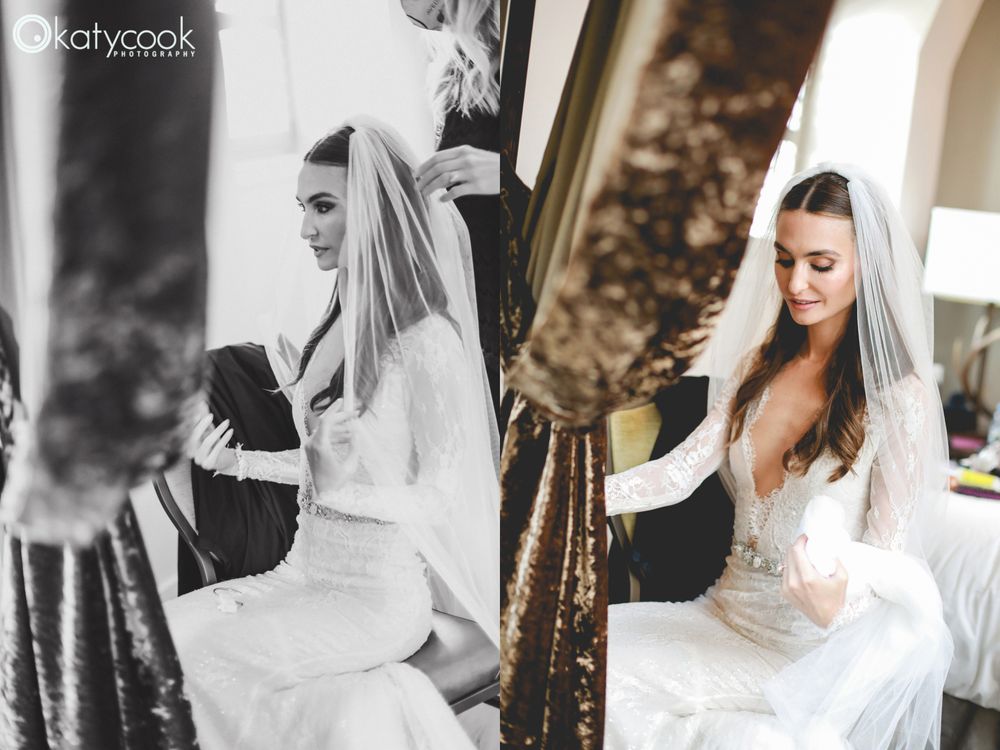 Side by side bridal portraits showing elegant wedding dress details.