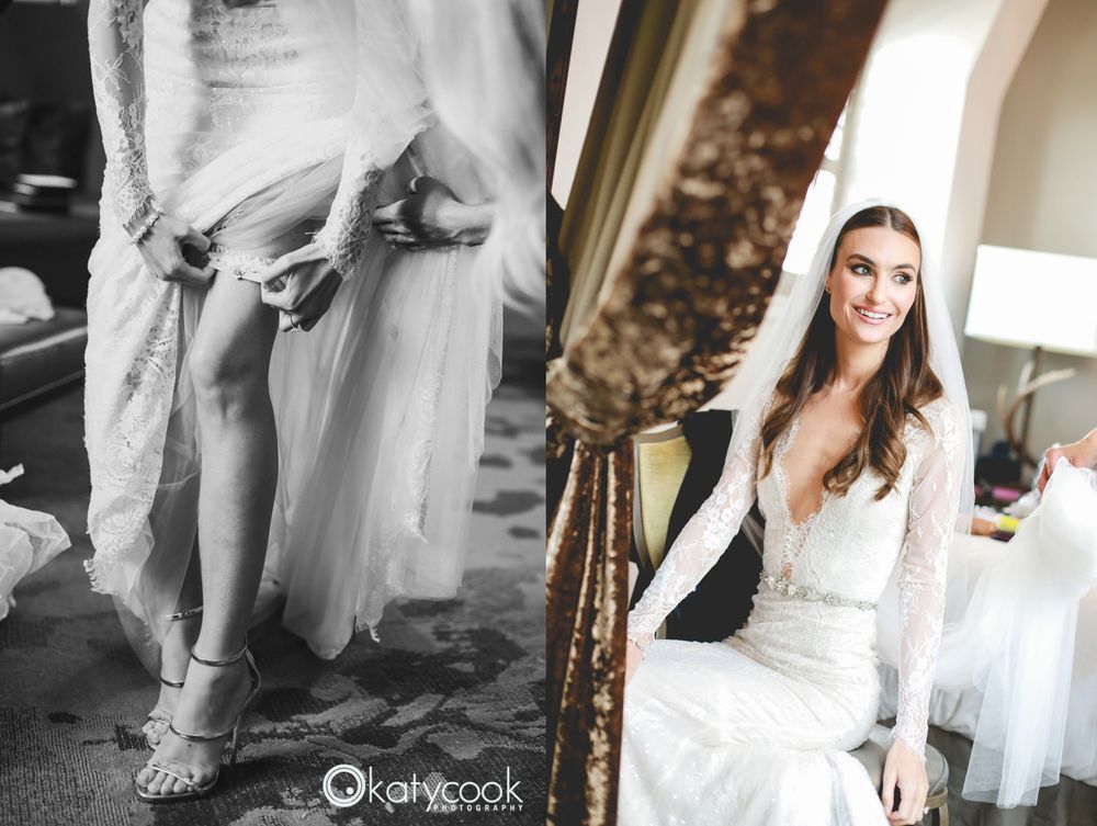 Wedding dress preparation photos showing lace details and elegant styling.