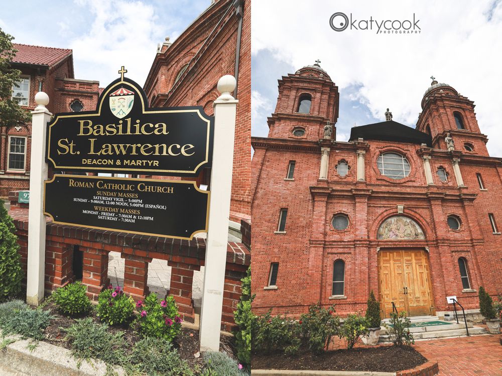 Exterior view of historic St. Lawrence Basilica with red brick facade.