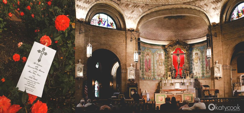 Beautiful church wedding ceremony with red floral decorations and ornate architectural details.