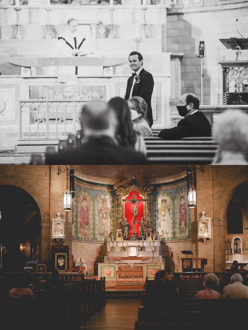 Interior view of a traditional Catholic church decorated for a wedding ceremony with red accents.