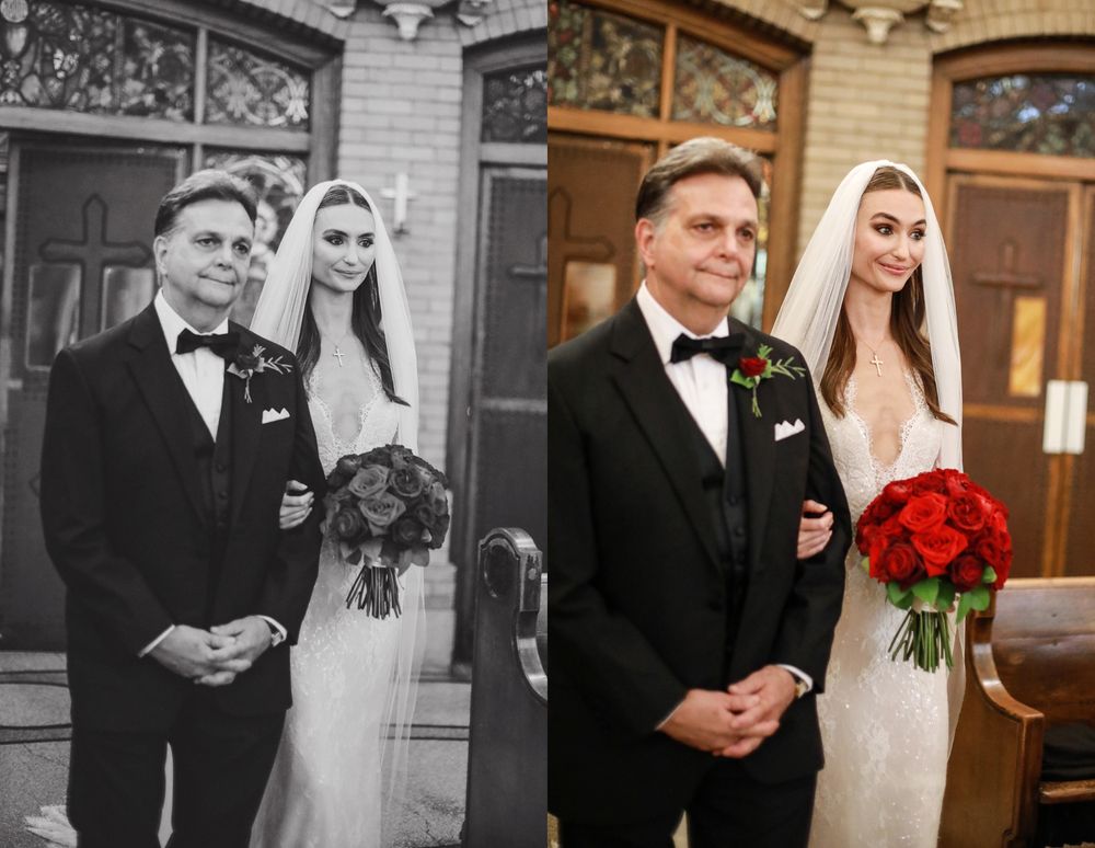 Wedding ceremony photos showing formal attire and red bouquet in a church setting.