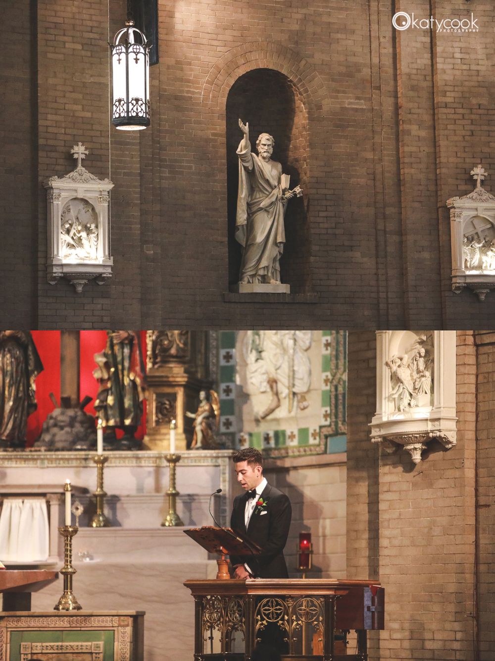 Church interior featuring brick walls, religious statues and ornate lantern lighting.