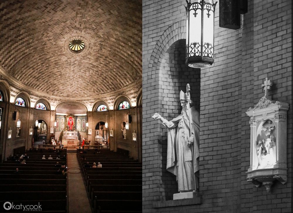 Dramatic black and white photos of church architecture with religious statues and arched ceilings.