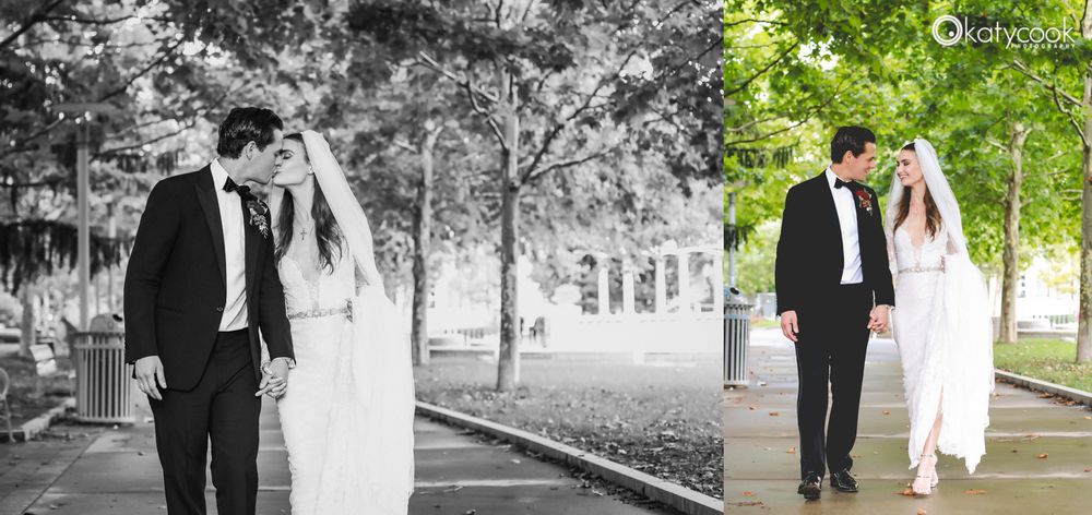 Side by side black and white and color wedding photos of a couple walking outdoors.