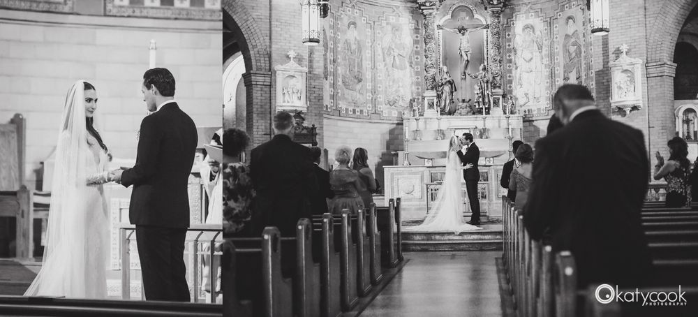 Traditional church wedding ceremony captured in black and white photography.