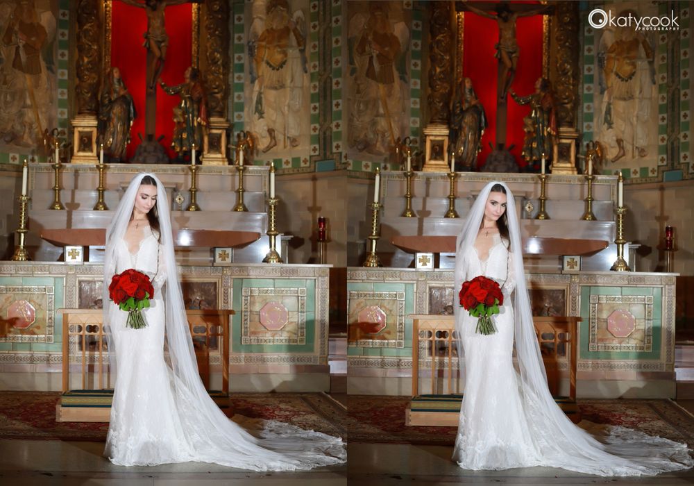 Bride in cathedral with red decor and ornate religious architecture.