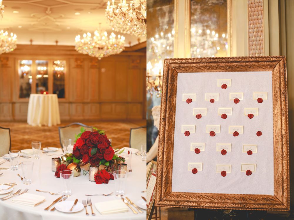 Luxurious wedding reception tables set with crystal chandeliers and ornate gold frames.
