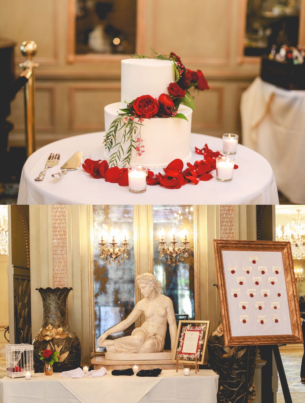 White wedding cake decorated with red roses and rose petals on an elegant white tablecloth.
