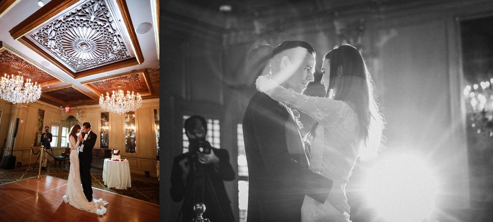 Couple sharing first dance under ornate ceiling with chandelier lighting.