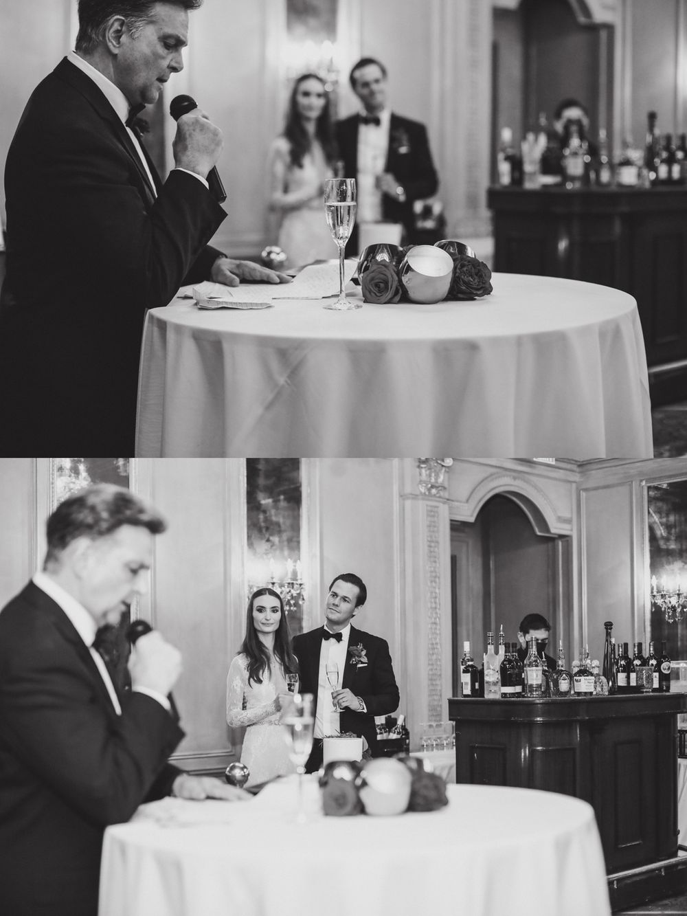Elegant wedding reception with couples dancing under crystal chandeliers in a ballroom.
