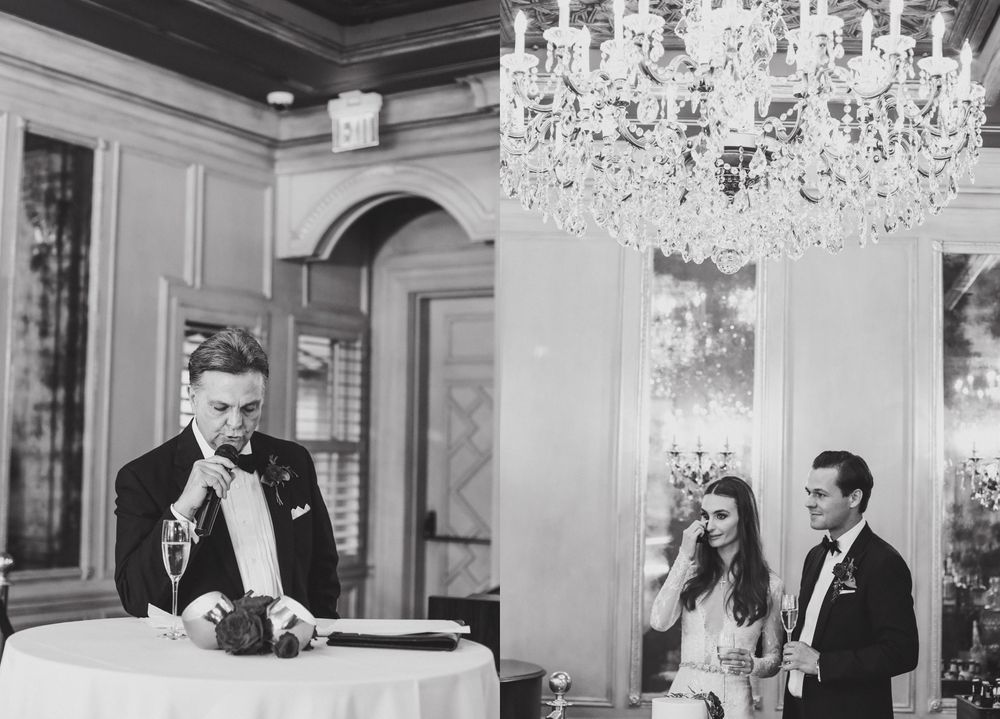 Wedding reception dance floor with crystal chandeliers illuminating an elegant ballroom setting.