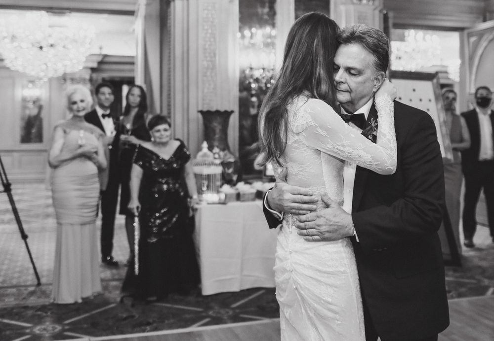 Black and white photos of wedding couples dancing during an elegant reception.
