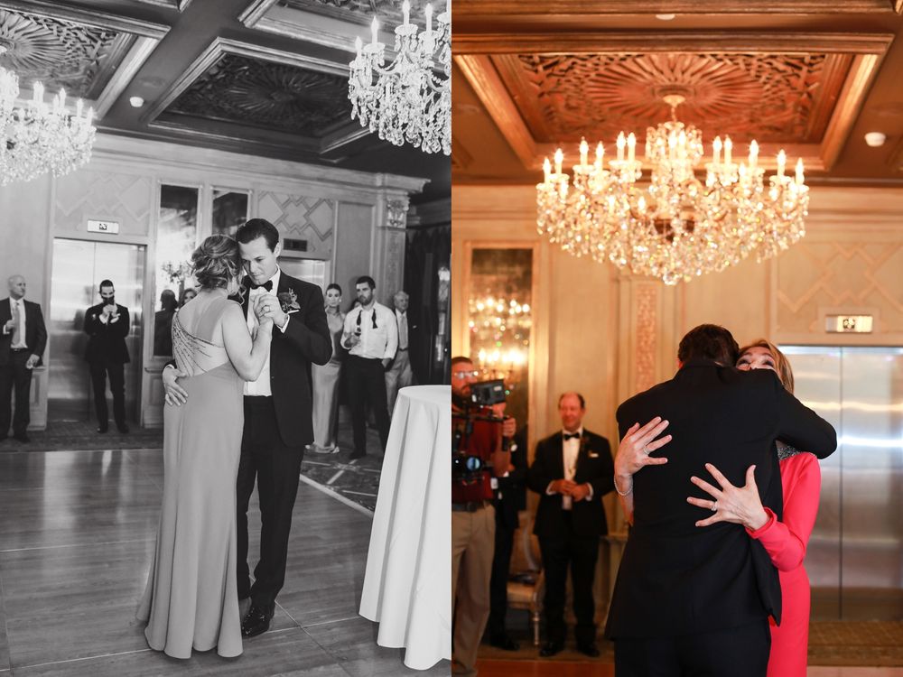 Wedding guests dancing under luxurious crystal chandeliers in a grand ballroom setting.