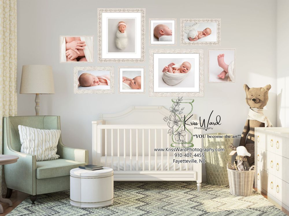 Modern nursery room design with white crib and gallery wall of newborn photos.