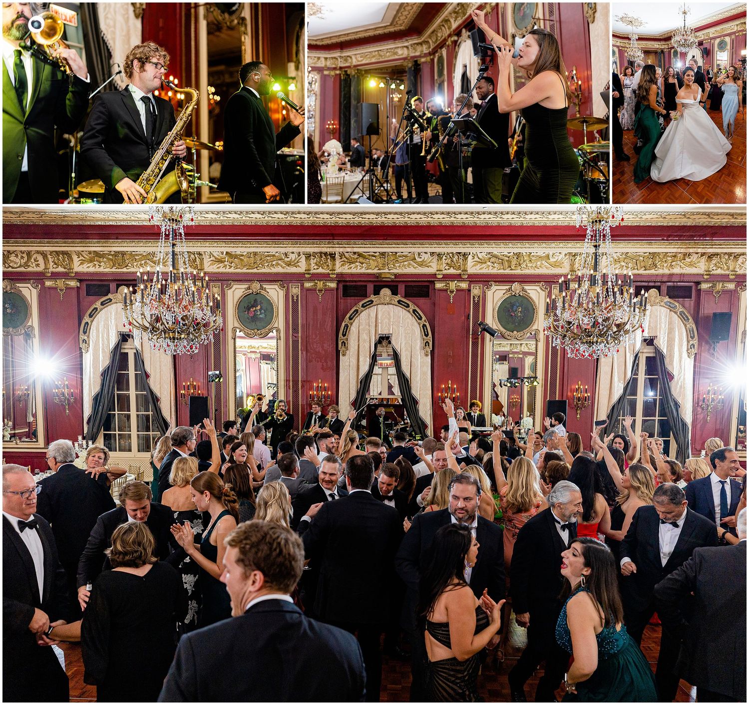 Elegant ballroom dance reception featuring a live band and guests dancing under ornate crystal chandeliers.