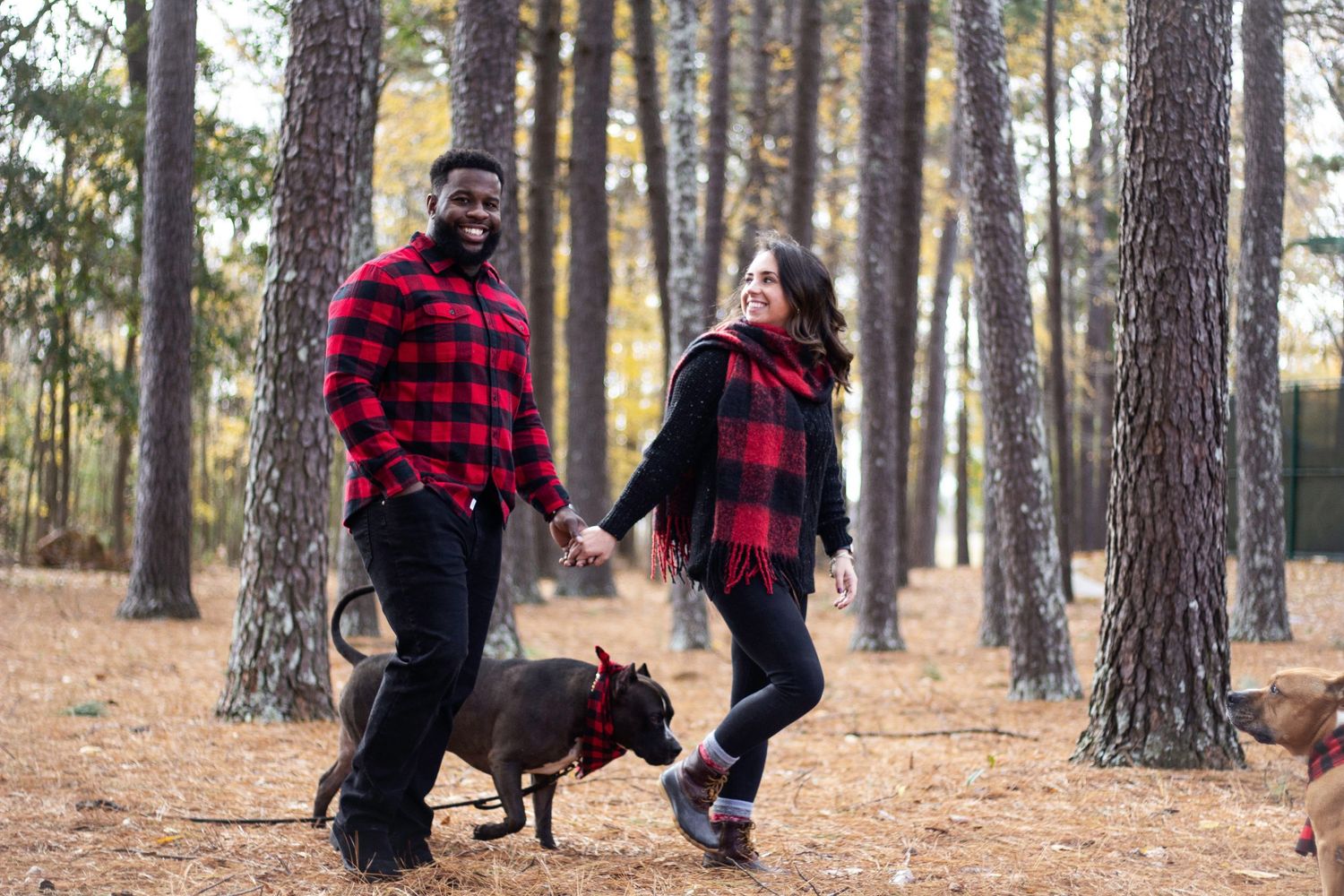 Breanna Katherine Photography North Alabama Christmas photos of couple and dog walking in fall leaves