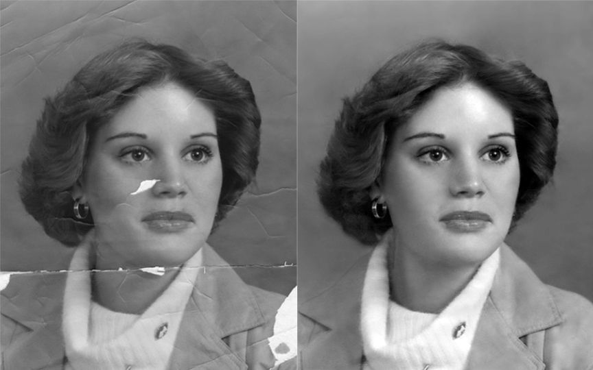 before and after photo of woman with wrinkles and tears through image that have been fixed, photo-restoration.jpeg