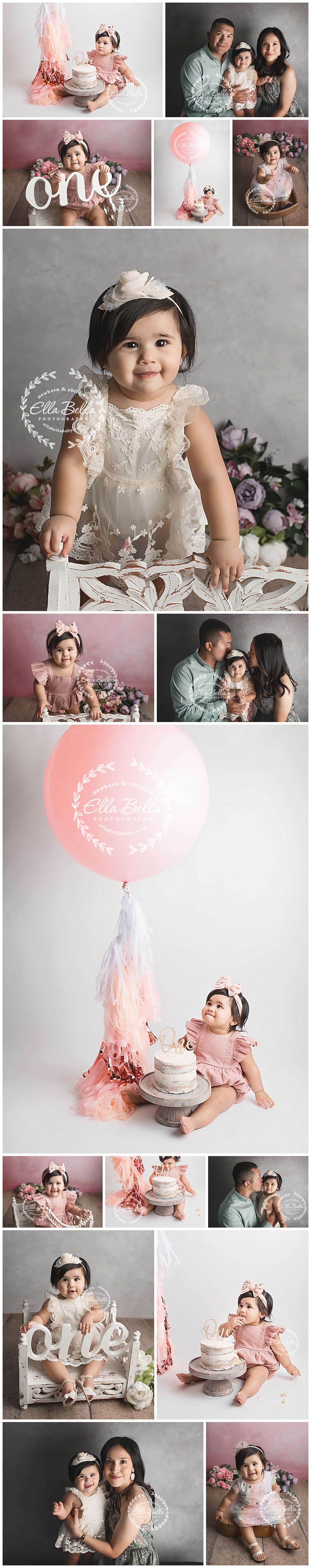 First birthday portrait collection with pink decor, cake smash photos and elegant family portraits.