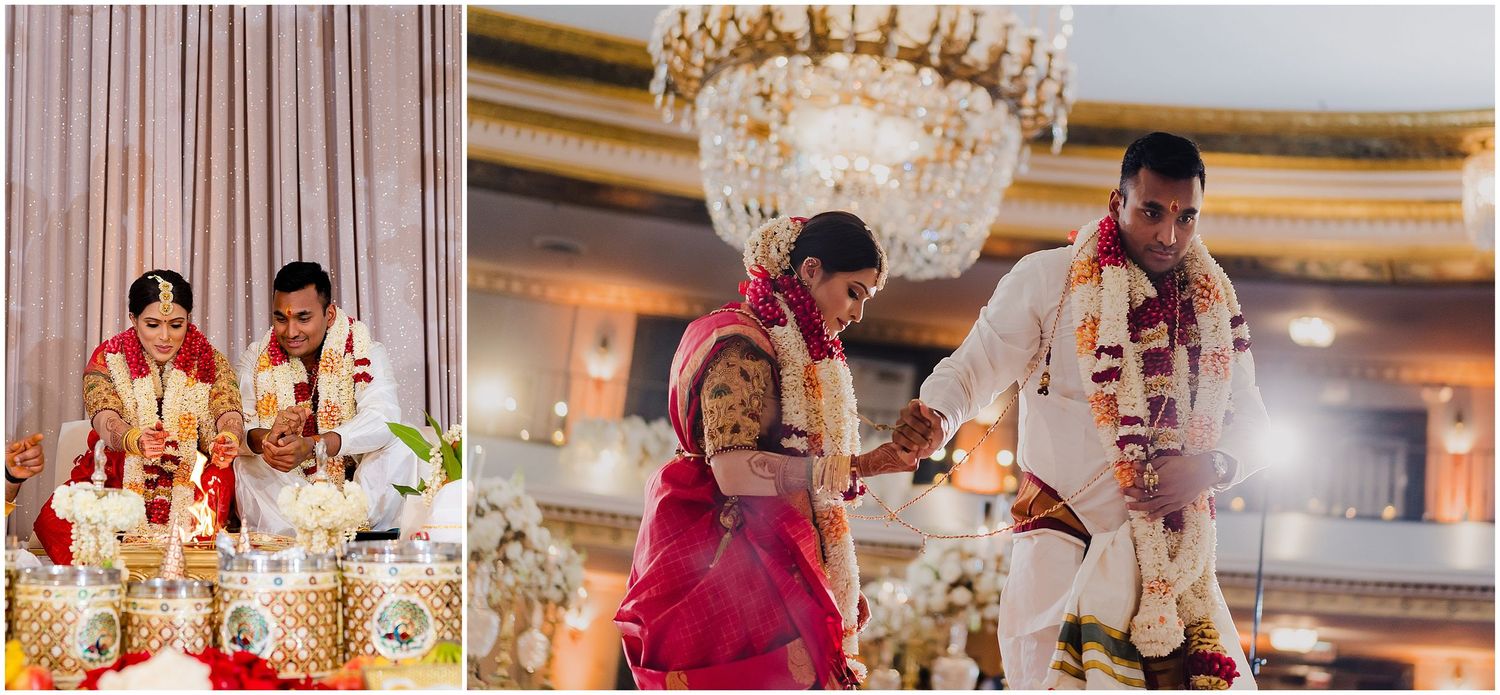 Wedding celebration moments captured in a luxurious venue with crystal chandeliers and decorative elements.