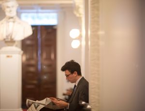 Student studies intently while reading in elegant room with classical bust decoration.