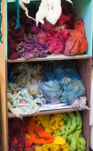 Colorful dyed wool fibers organized by color on wooden shelves.