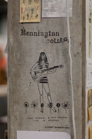 Hand-drawn poster for Bennington College showing a figure playing guitar among flowers.