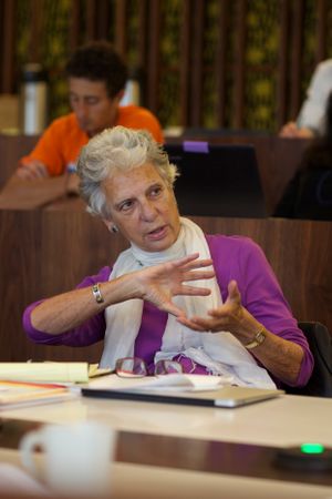 Speaker in purple sweater gesturing animatedly during a discussion at conference table.