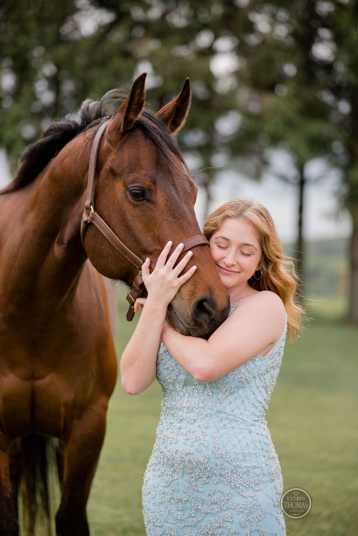 A heartwarming moment captured between a brown horse and someone in a sparkly blue dress embracing outdoors.