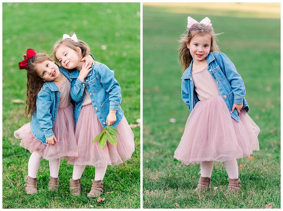 Twin girls photo session outfit inspiration posing in Holliday Park Indianapolis Indiana for Family portraits