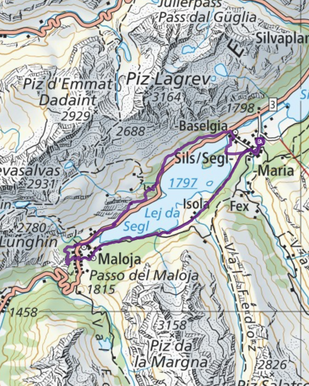 Detailed topographic map showing hiking routes around Piz Lagrev and mountain lakes in Swiss Alps.