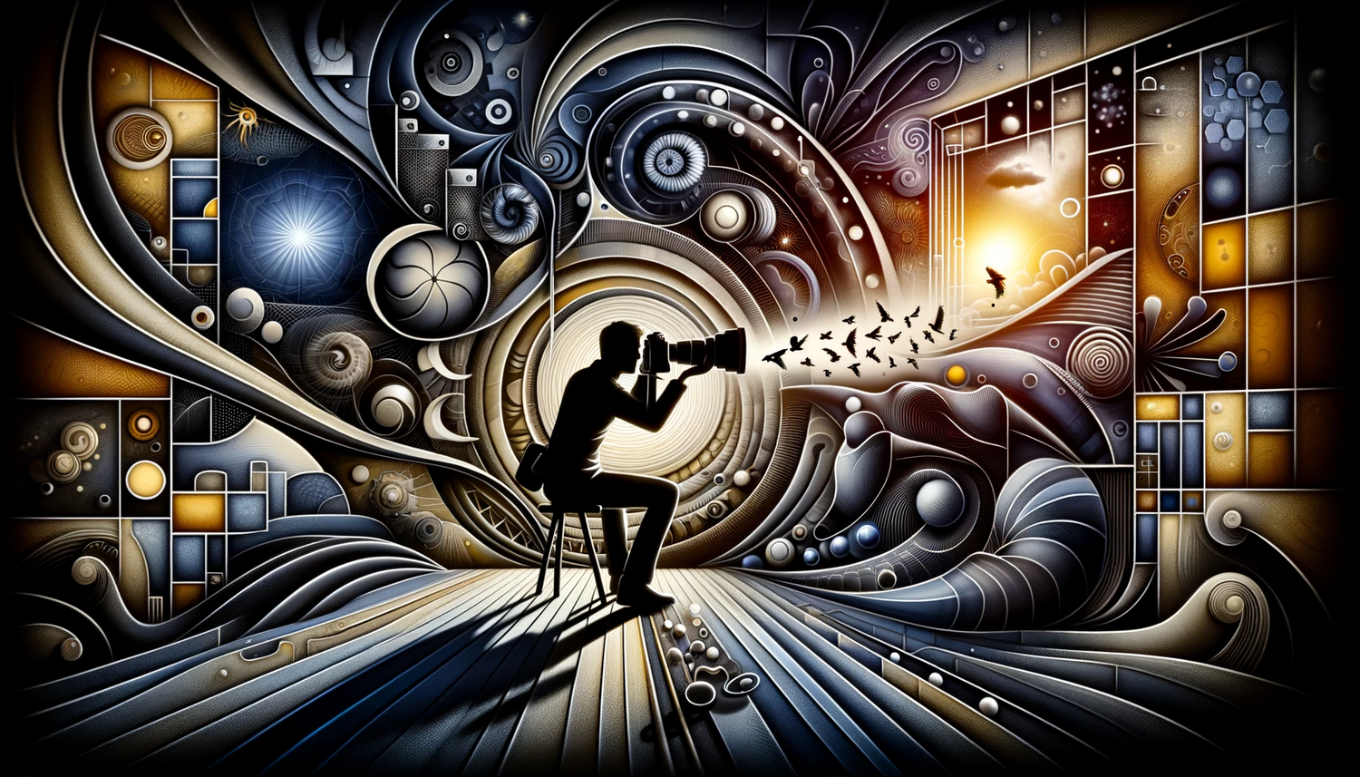 Artistic silhouette of a dancer against abstract mechanical and geometric patterns in dark tones.