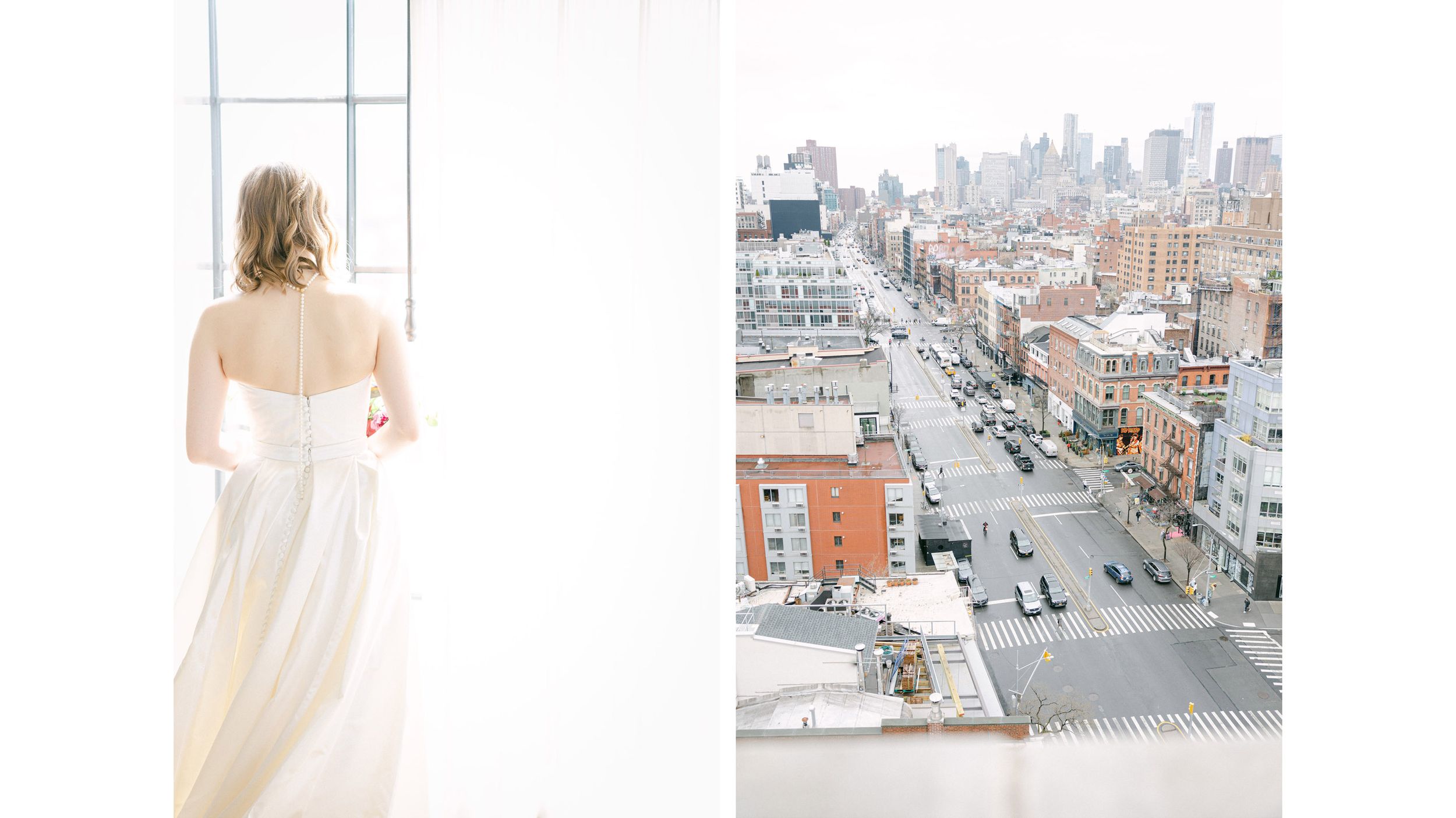 Split image of bride by window and urban cityscape view from above.