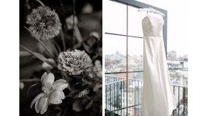 Split image of black and white flowers next to hanging white wedding dress against window.