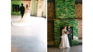 Wedding portraits in elegant architectural setting with green tiled wall and stone columns.