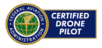 FAA Certified Drone Pilot badge with blue and gold official insignia.