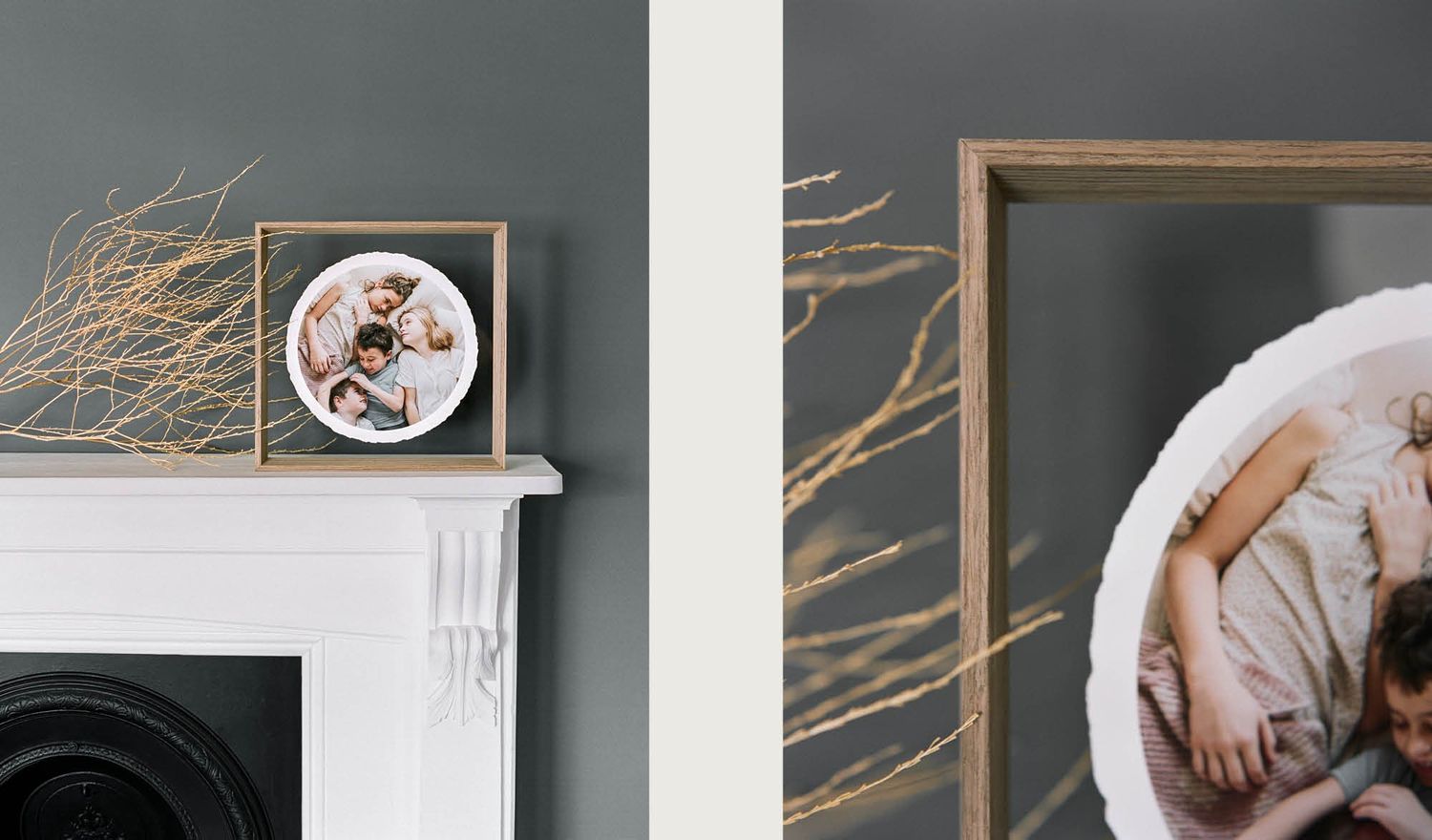 Family photo displayed in a floating frame, placed above the fireplace, adding warmth and elegance to the living space.