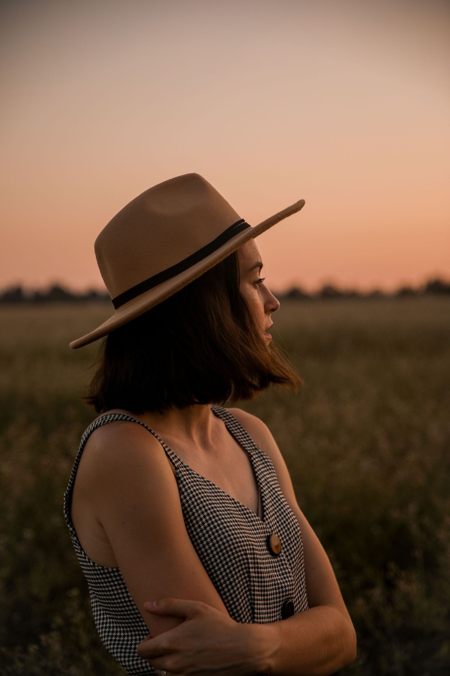 Person wearing brown fedora and gingham dress gazing at sunset in rural field.