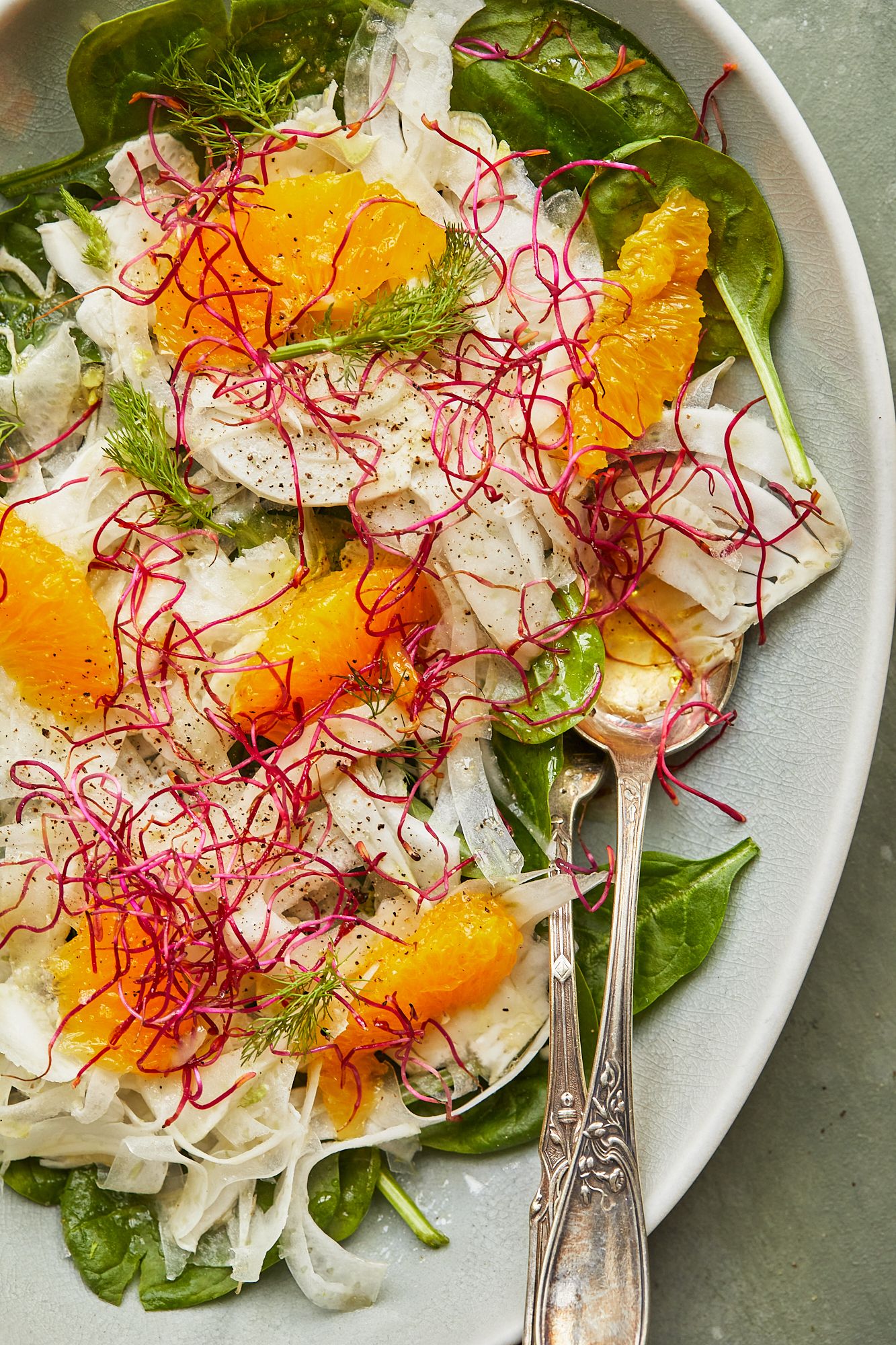 Fresh citrus salad with fennel, spinach and red garnish served on a white plate.